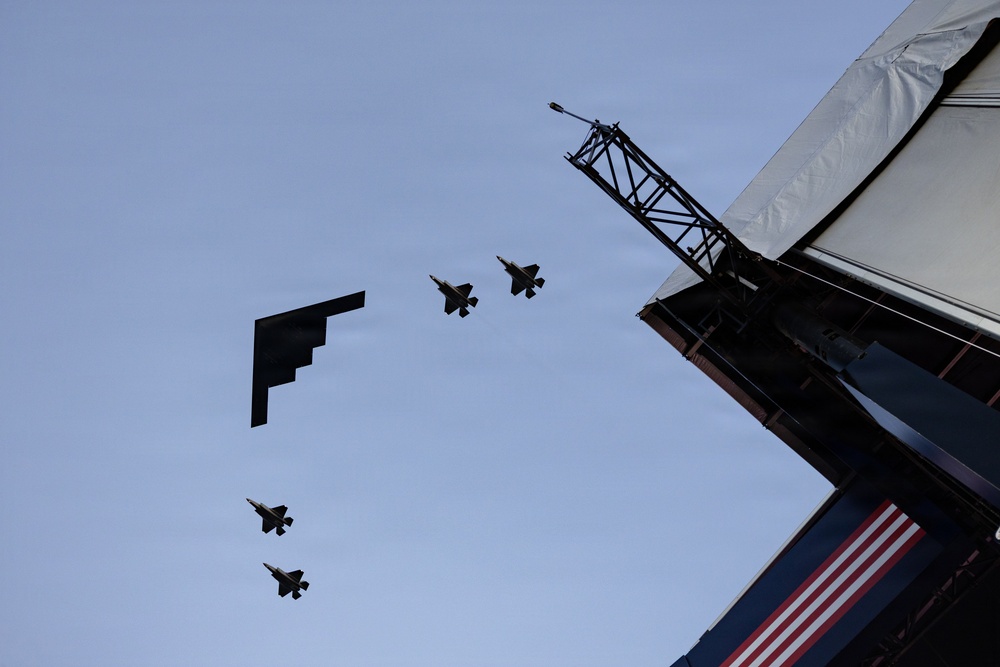 U.S. Air Force F-35As and a B-2 Stealth Bomber fly over A Kick-off Celebration for the Great American State Fair