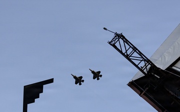 U.S. Air Force F-35As and a B-2 Stealth Bomber fly over A Kick-off Celebration for the Great American State Fair