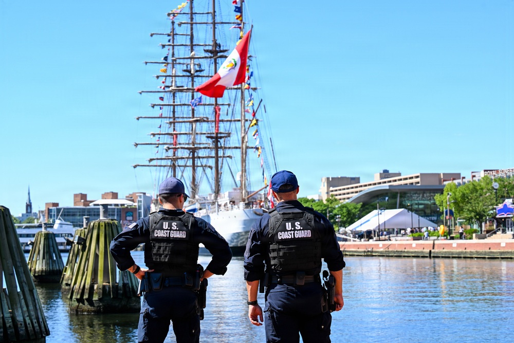 U.S. Coast Guard Maritime Enforcement Specialist's patrolling the baltimore inner harbour during Sail 250 Maryland