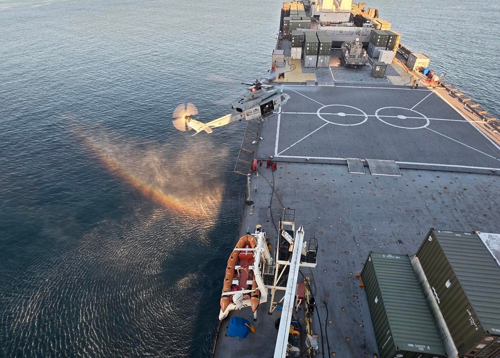 U.S. Marine Corps Assault Helicopters Conduct Deck Landings on USNS Seay