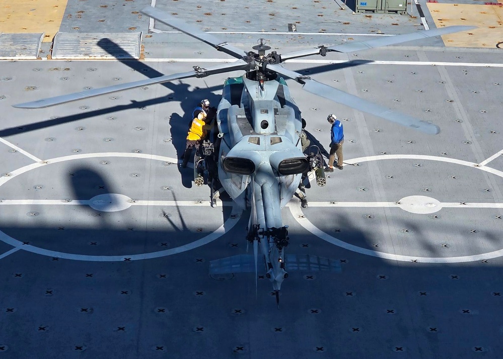 U.S. Marine Corps Assault Helicopters Conduct Deck Landings on USNS Seay
