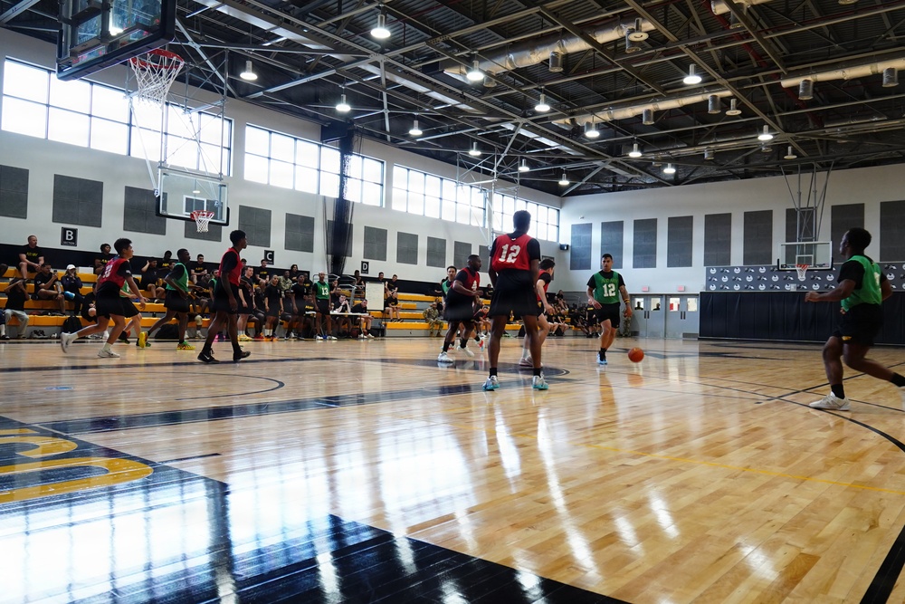 Basketball teams battle for the win