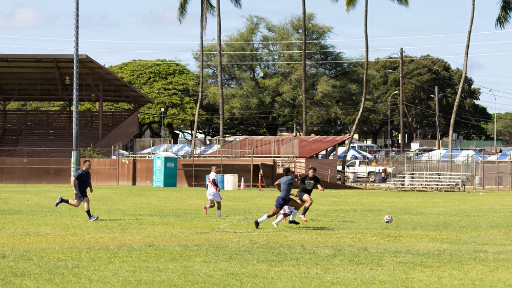 U.S., Peruvian Navy play soccer during RIMPAC
