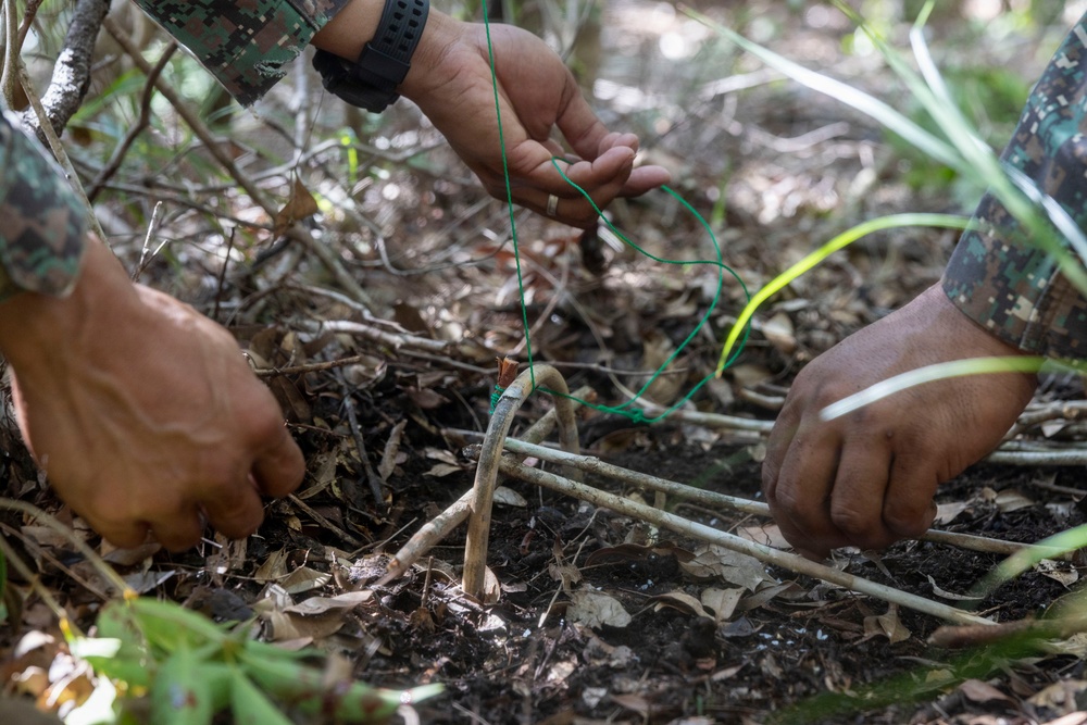 Two individuals wearing camouflage military-style uniforms are constructing what appears to be a primitive snare or trap on a forest floor. They are working with sticks, cordage (green paracord or similar line), and natural materials among leaf litter and undergrowth. This appears to be a survival skills training or field craft demonstration.