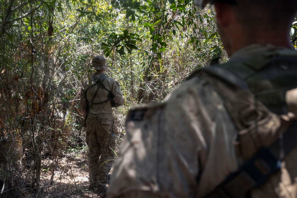 3rd Littoral Combat Team Marines patrol during Tactical Small Units Leaders Course