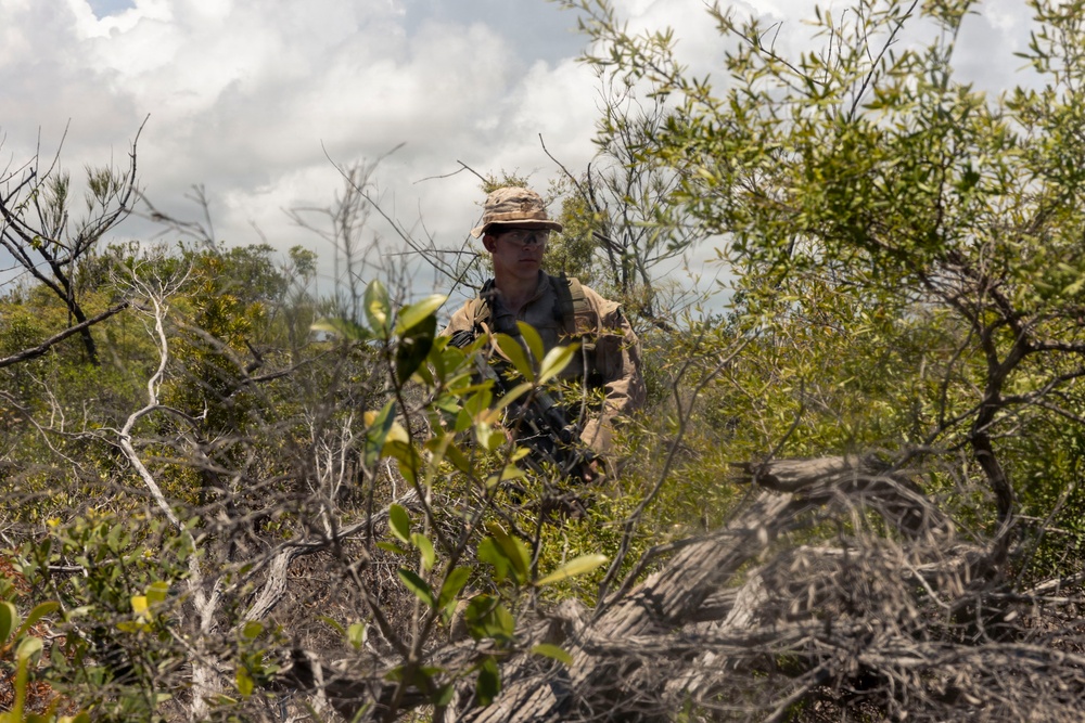 3rd Littoral Combat Team Marines patrol during Tactical Small Units Leaders Course