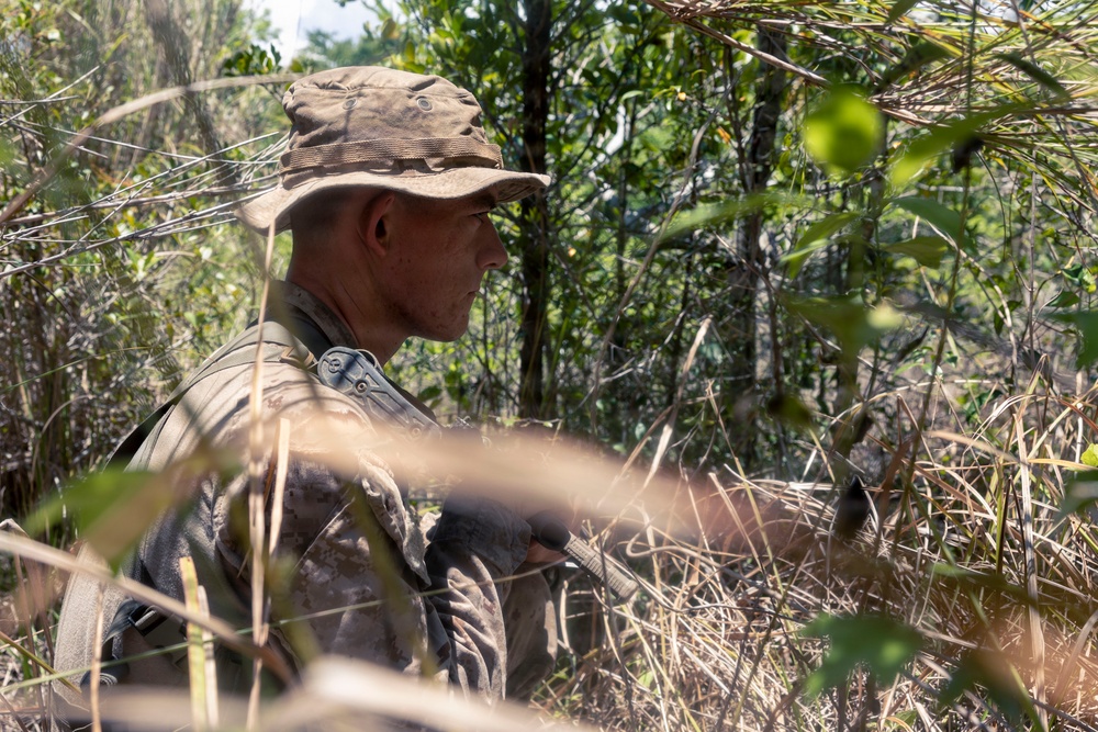 3rd Littoral Combat Team Marines patrol during Tactical Small Units Leaders Course