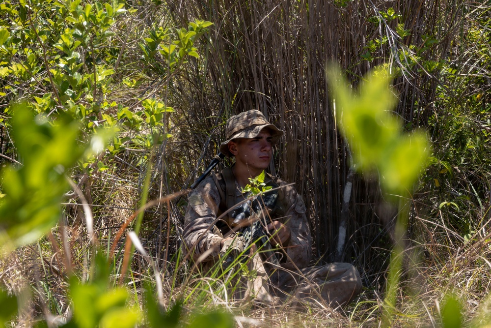 3rd Littoral Combat Team Marines patrol during Tactical Small Units Leaders Course