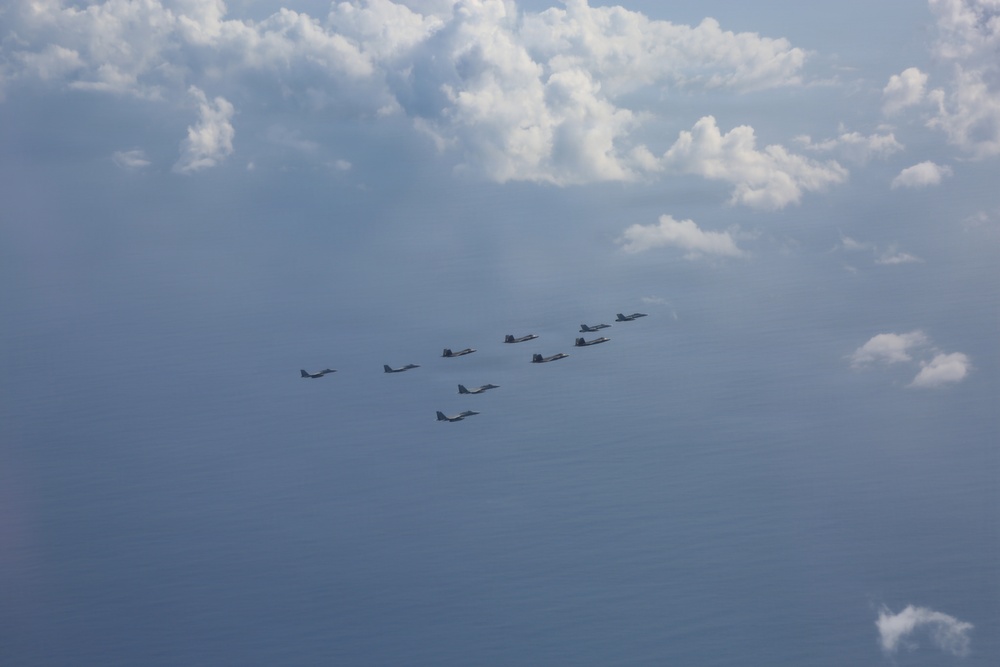 U.S., Japanese aircraft fly in formation during Valiant Shield 2026