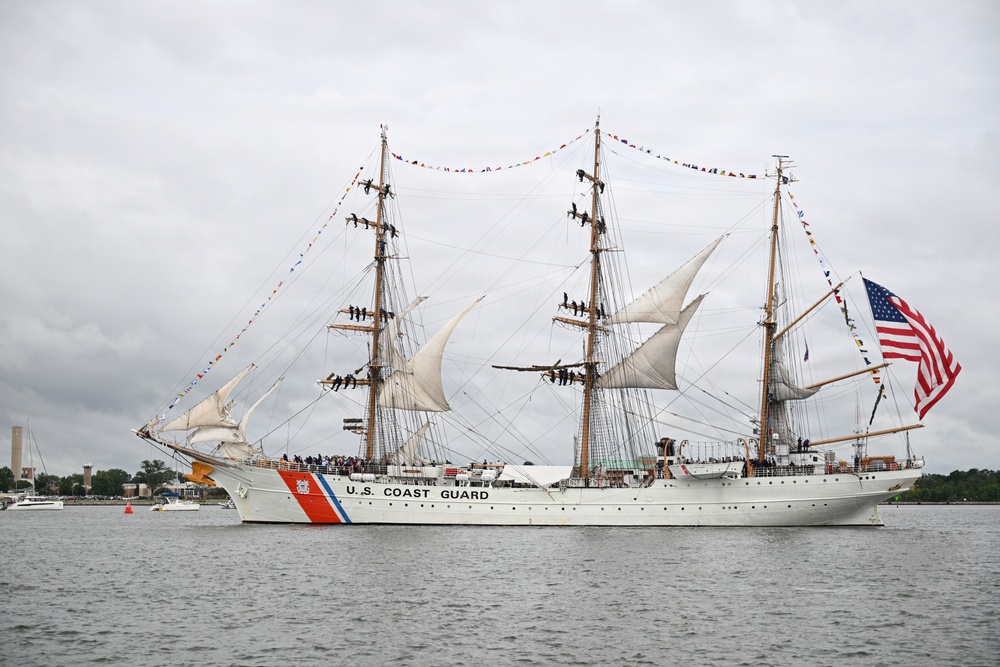 Coast Guard Cutter Eagle leads Sail250 Virginia Parade of Sail