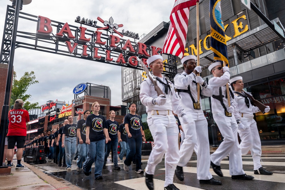 Future Sailors and Navy recruiters from Navy Talent Acquisition Group Mid-America take part in the 68th Annual Cardinal Company event