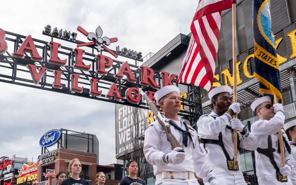 Future Sailors and Navy recruiters from Navy Talent Acquisition Group Mid-America take part in the 68th Annual Cardinal Company event