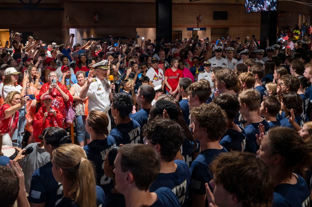 Future Sailors and Navy recruiters from Navy Talent Acquisition Group Mid-America take part in the 68th Annual Cardinal Company event