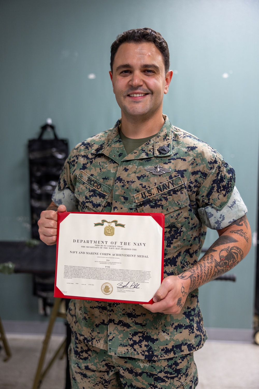 Petty Officer 1st Class Giuseppe Riccio Awarded Navy and Marine Corps Achievement Medal for Life-Saving Measures