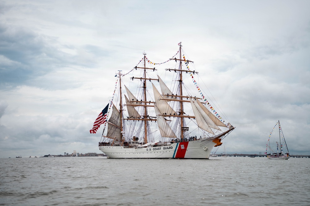 US Coast Guard Cutter Eagle leads Sail250 Virginia Parade of Sail