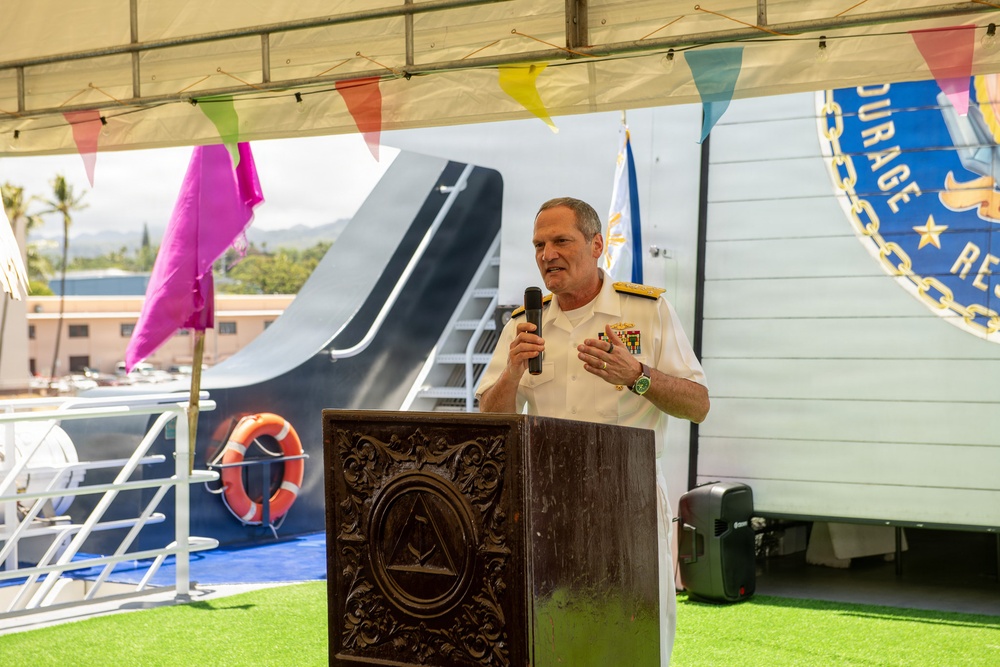 Service members attend reception onboard Philippine Coast Guard Ship BRP Gabriele Siland during RIMPAC