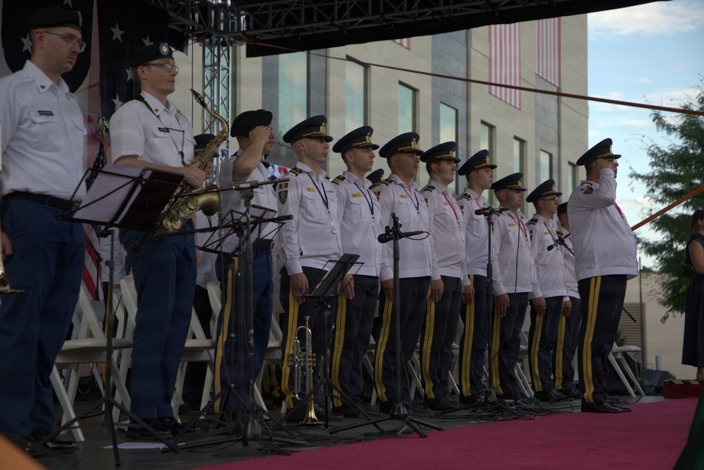 U.S Army Europe and Africa Band and Chorus performs Freedom 250 celebration event at Bucharest U.S. Embassy.