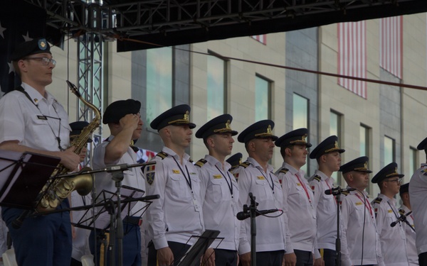 U.S Army Europe and Africa Band and Chorus performs Freedom 250 celebration event at Bucharest U.S. Embassy.