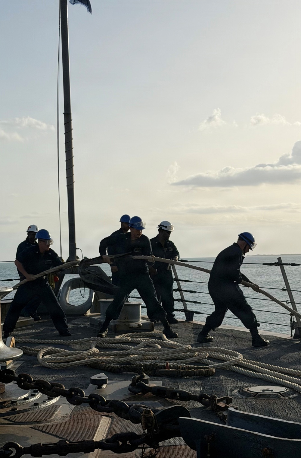 U.S. Sailors heave mooring lines aboard the littoral combat ship USS Billings (LCS 15) while getting underway from  Ponce, Puerto Rico, June 26, 2026.