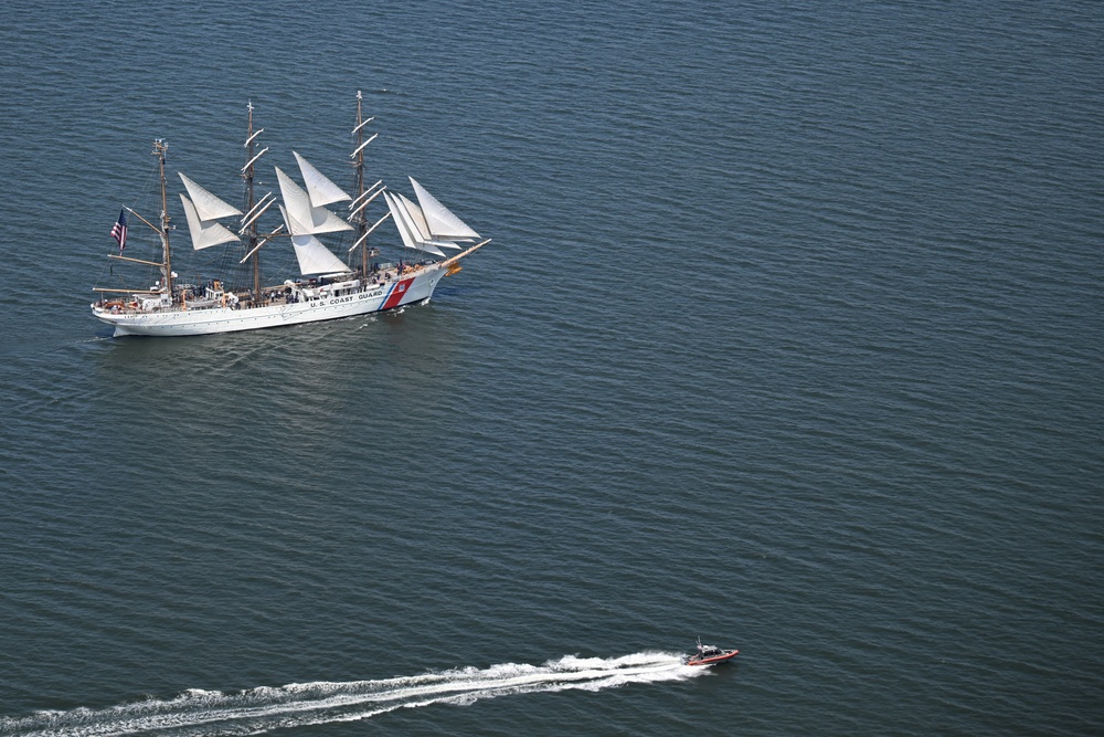 U.S. Coast Guard Barque Eagle transiting Annapolis with Station annapolis near the bay bridge