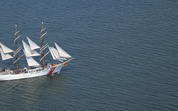 U.S. Coast Guard Barque Eagle transiting Annapolis with Station annapolis near the bay bridge