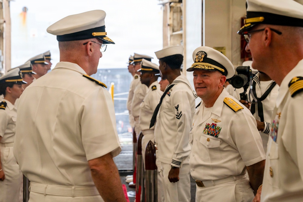 Commander Carrier Strike Group 2 Arrives for Reception Aboard USS Arlington (LPD 24)