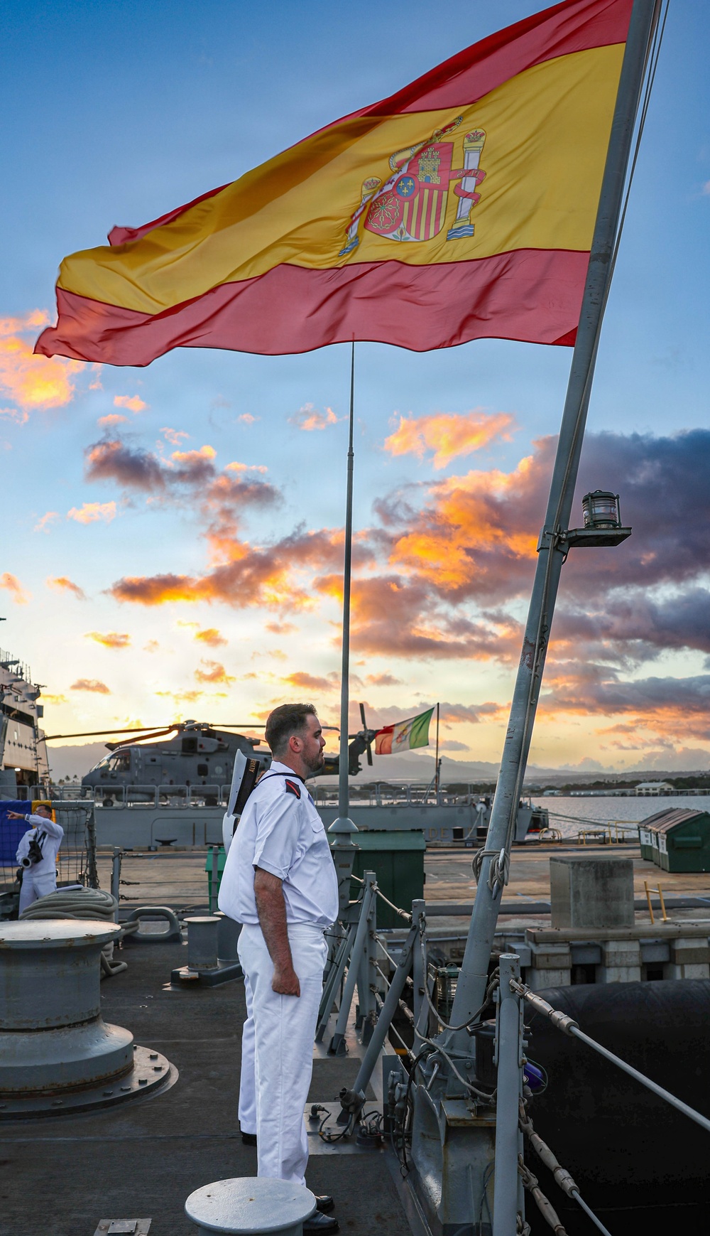Spanish Sailors Observe Evening Colors during RIMPAC 26