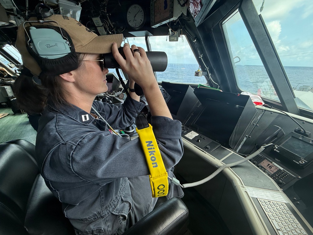 U.S. Sailor stands bridge watch aboard the littoral combat ship USS Billings (LCS 15) while operating in the Caribbean Sea, June 27, 2026.