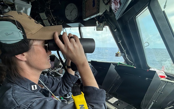 U.S. Sailor stands bridge watch aboard the littoral combat ship USS Billings (LCS 15) while operating in the Caribbean Sea, June 27, 2026.