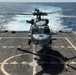 An MH-60R Seahawk helicopter assigned to Helicopter Maritime Strike Squadron (HSM) 48, lands aboard the littoral combat ship USS Billings.