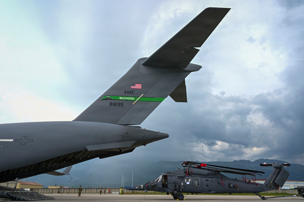 56th RGS load an HH-60W onto a C-17 for a routine deployment