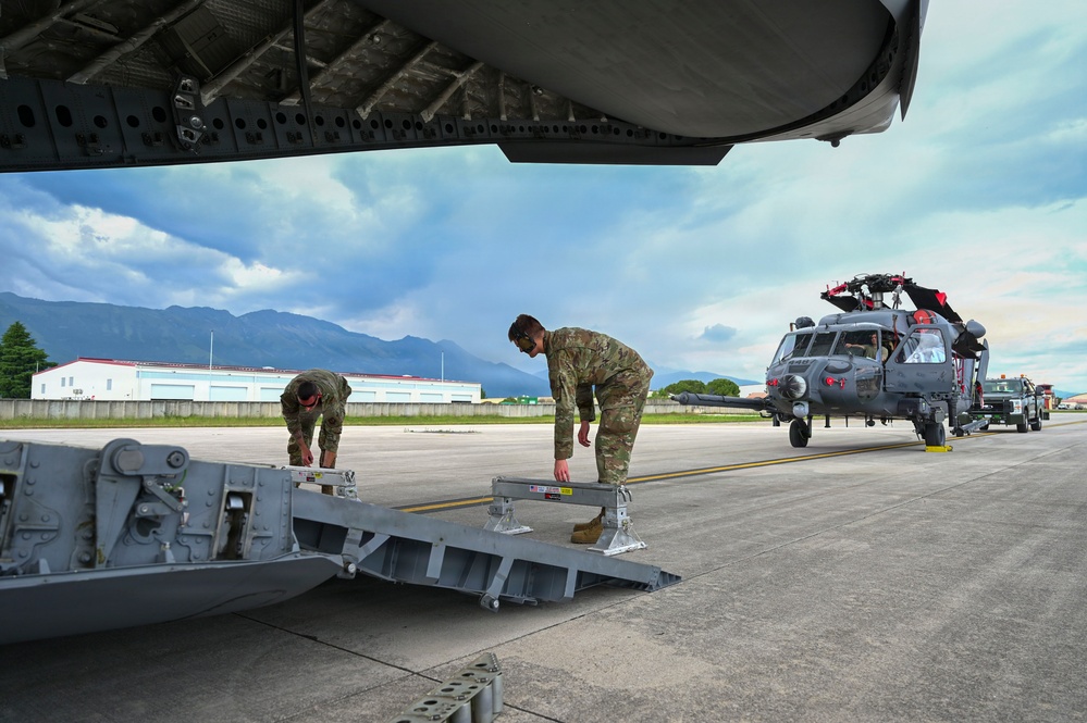 56th RGS load an HH-60W onto a C-17 for a routine deployment