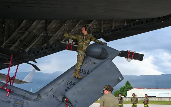 56th RGS load an HH-60W onto a C-17 for a routine deployment