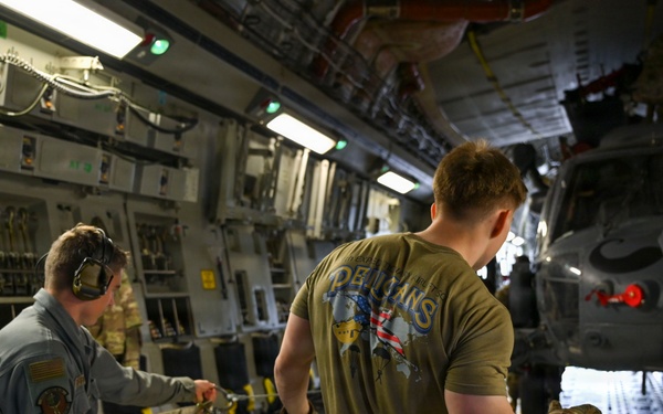 56th RGS load an HH-60W onto a C-17 for a routine deployment