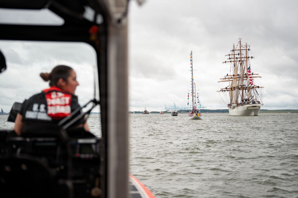 US Coast Guard Cutter Eagle leads Sail250 Virginia Parade of Sail