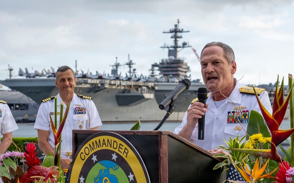 Commander, Exercise Rim of the Pacific 2026 Combined Task Force, and deputy commander, U.S. Pacific Fleet,  delivers remarks at RIMPAC 2026 Opening Reception