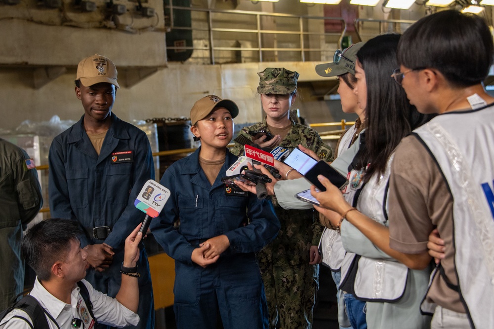 USS Essex Sailor speaks with international media during RIMPAC 2026