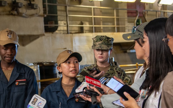 USS Essex Sailor speaks with international media during RIMPAC 2026