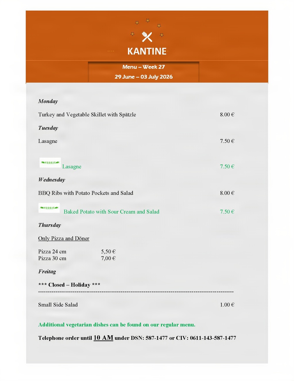 Kantine Menü - 29 June - 3 July