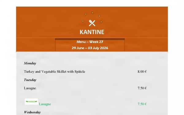 Kantine Menü - 29 June - 3 July