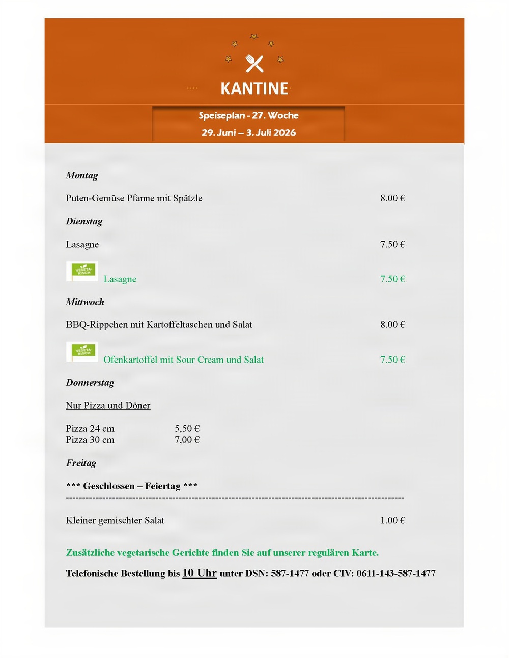 Kantine Menü - 29 June - 3 July