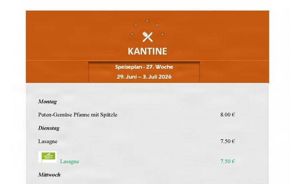 Kantine Menü - 29 June - 3 July