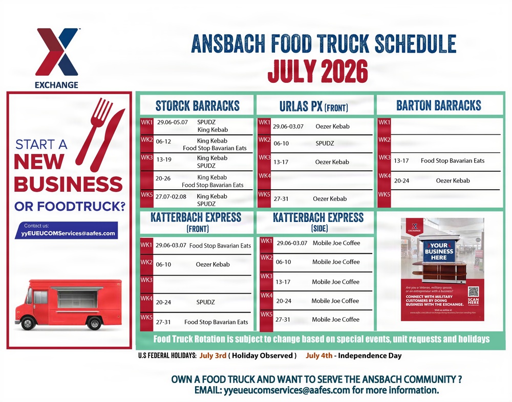 Ansbach July 2026 Food Truck Schedule