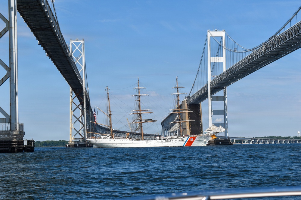 USCGC Eagle sails under Bay Bridge