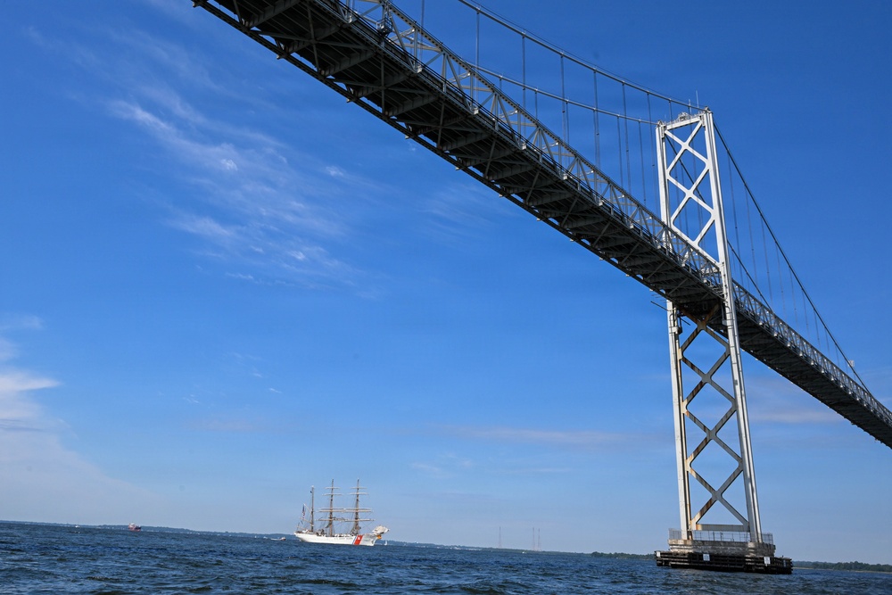 USCGC Eagle sails under Bay Bridge