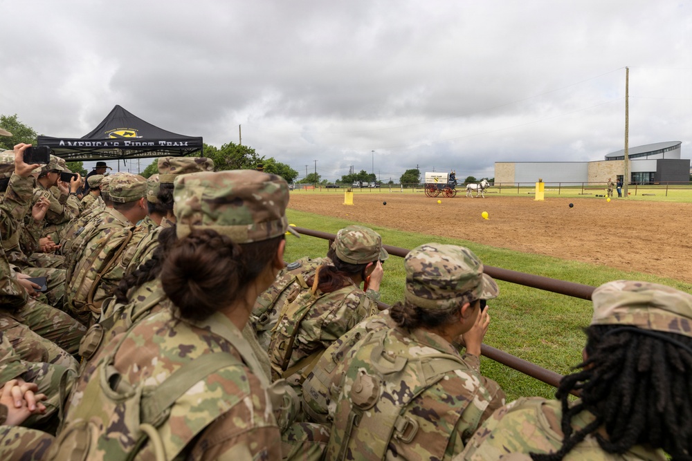 Reserve Officers' Training Corps (JROTC) watch 1st Cavalry Division Horse Cavalry Detachment demonstration