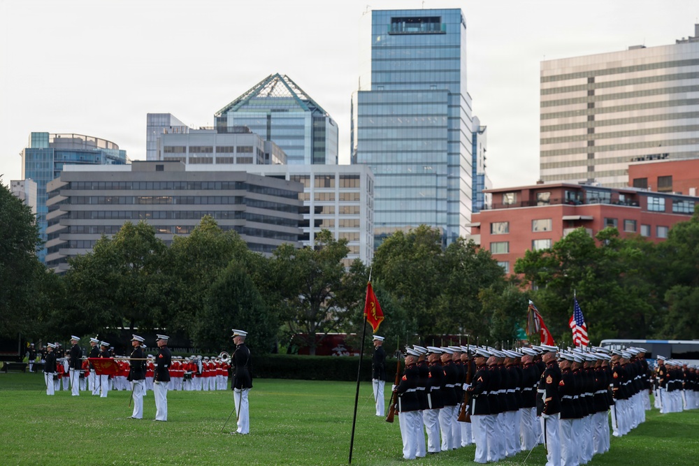 The Commandant, Gen. Eric M. Smith hosts First Sea Lord Commandant General Sir Gwyn Jenkins at a Sunset Parade
