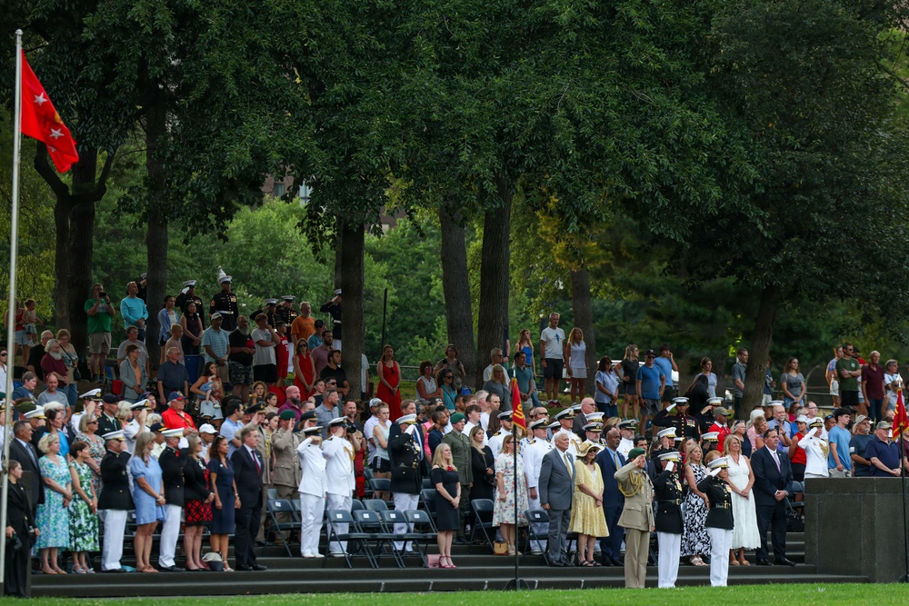 The Commandant, Gen. Eric M. Smith hosts First Sea Lord Commandant General Sir Gwyn Jenkins at a Sunset Parade