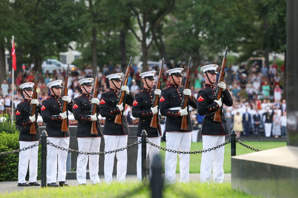 The Commandant, Gen. Eric M. Smith hosts First Sea Lord Commandant General Sir Gwyn Jenkins at a Sunset Parade