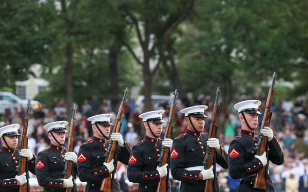 The Commandant, Gen. Eric M. Smith hosts First Sea Lord Commandant General Sir Gwyn Jenkins at a Sunset Parade